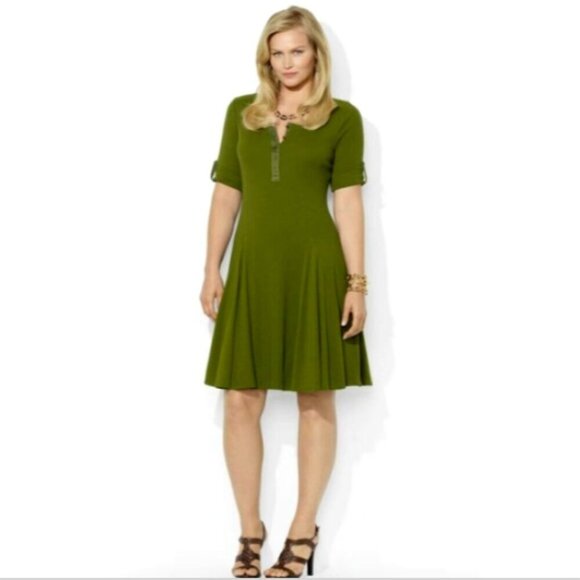 Lauren Ralph Lauren Fit+Flare Button Front 1/2 Sleeve Henley Dress S Green #350F - Picture 2 of 9